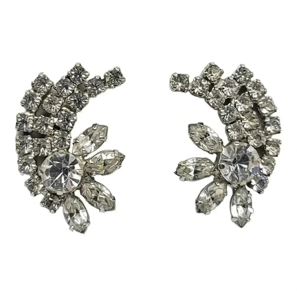 Clear Rhinestone Starburst Floral Spray Silver Tone Screwback Earrings Vintage